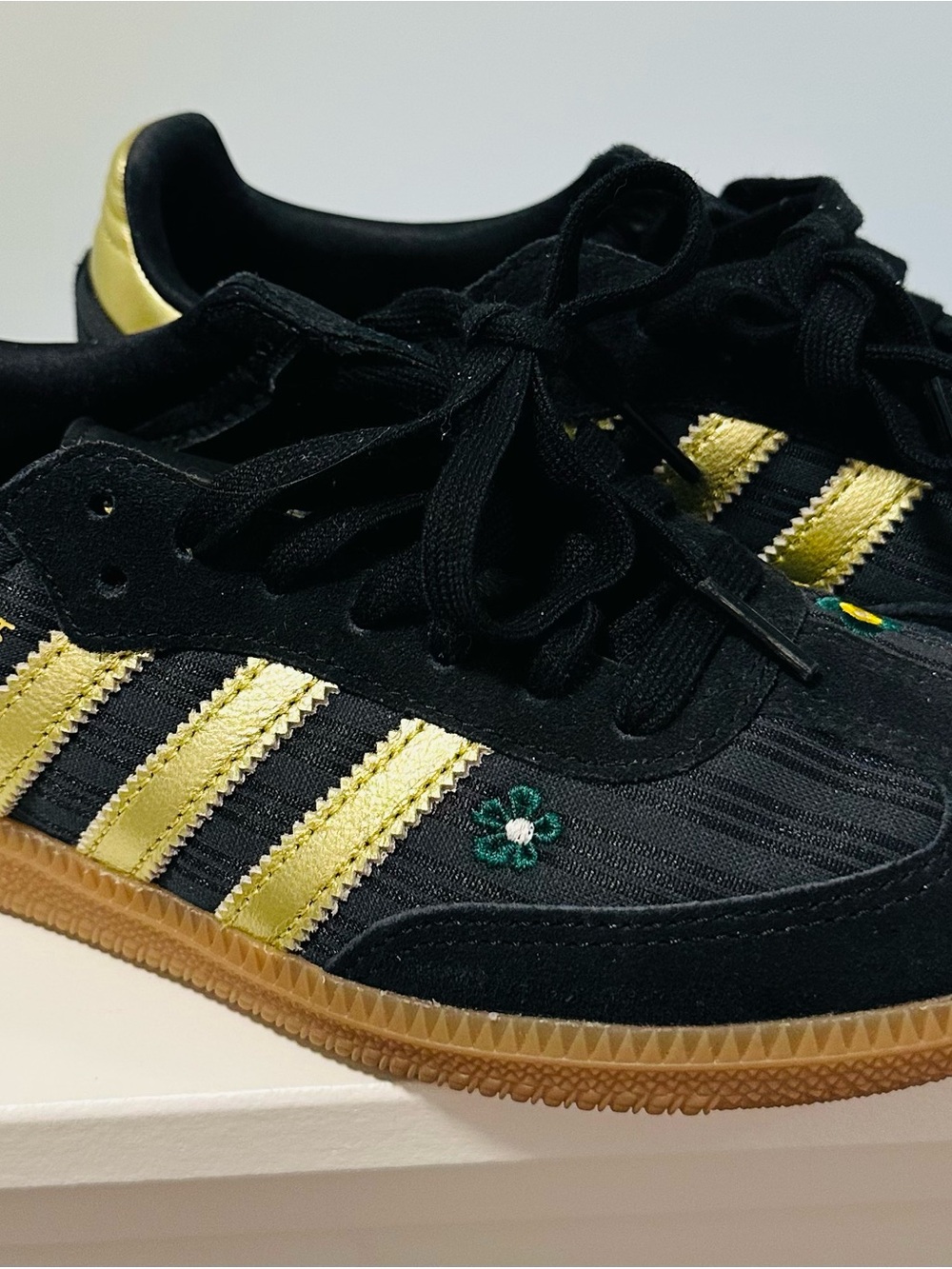 adidas Liberty of London Samba Black with Gold Stripes and Green Flower Accent